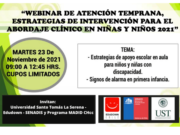 Terapia Ocupacional Santo Tomás La Serena bajo convenio con SENADIS y organizaciones, presentan webinar de estrategias de intervención temprana a niños y niñas en 2021.